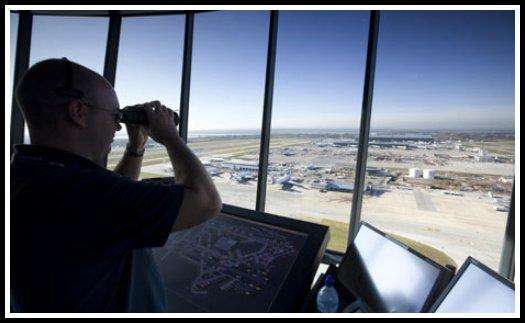 Inside view of a London-Heathrow Airport Air Traffic Control Tower