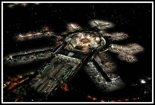 An aerial view of a San Francisco International Airport at night