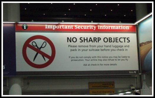 No sharp objects sign at London-Gatwick Airport